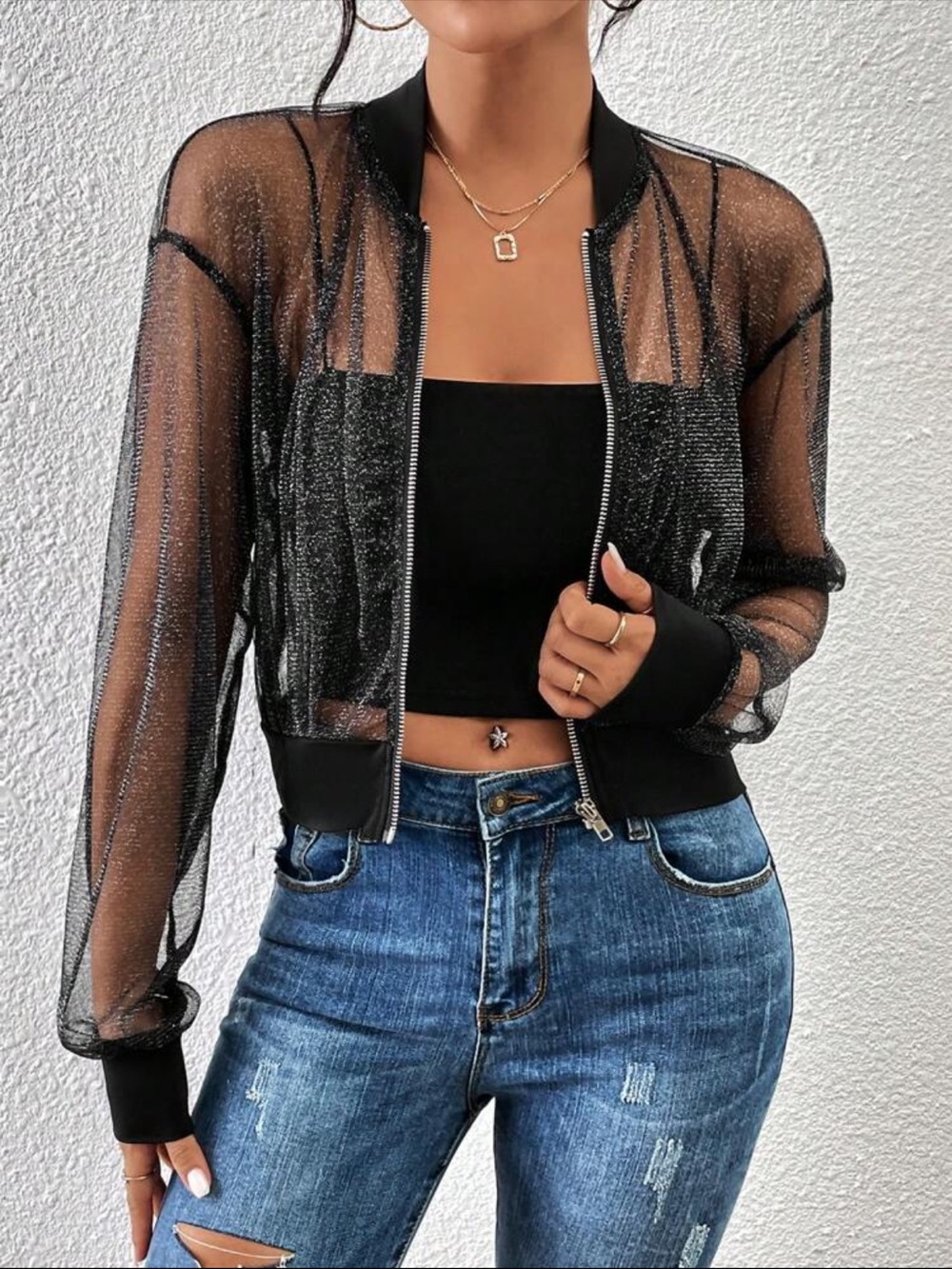 BNWOT Sparkly Mesh Drop Shoulder Zip Up Bomber Jacket